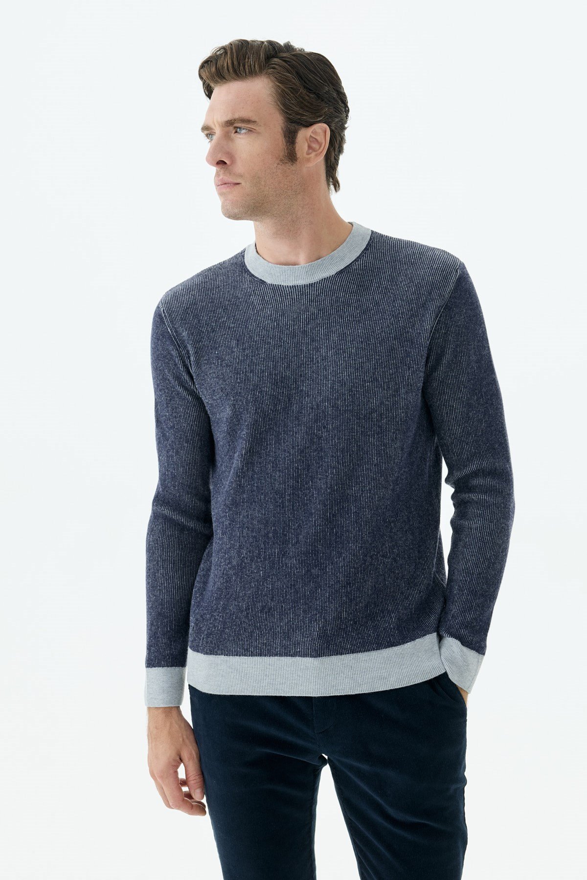 Lacivert Comfort Fit Desenli Bisiklet Yaka Triko