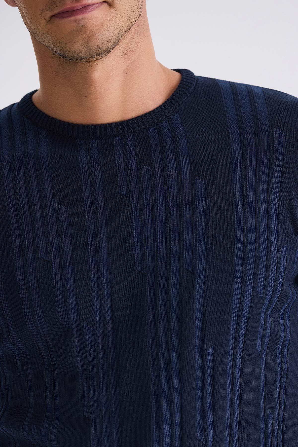 İndigo Slim Fit Bisiklet Yaka Desenli Triko Kazak