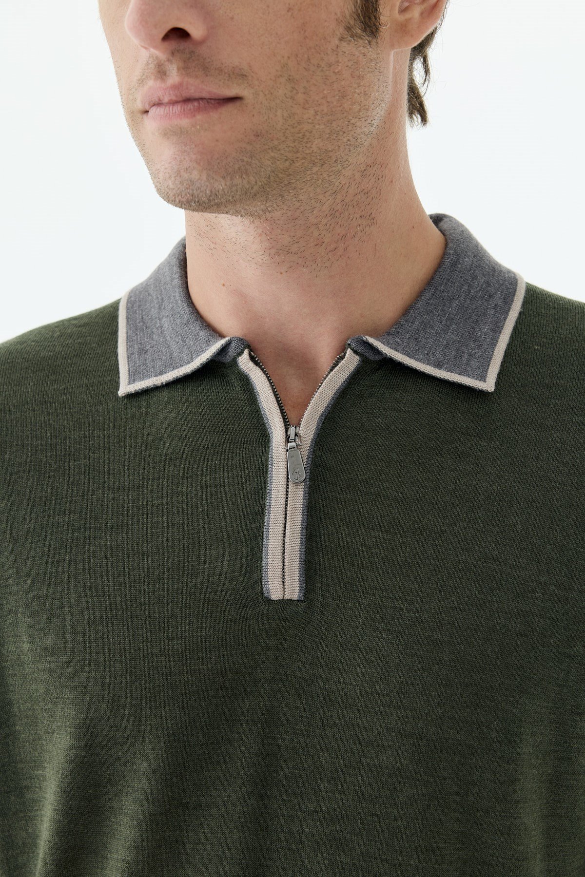 Yeşil Slim Fit Polo Yaka Fermuarlı Triko Kazak