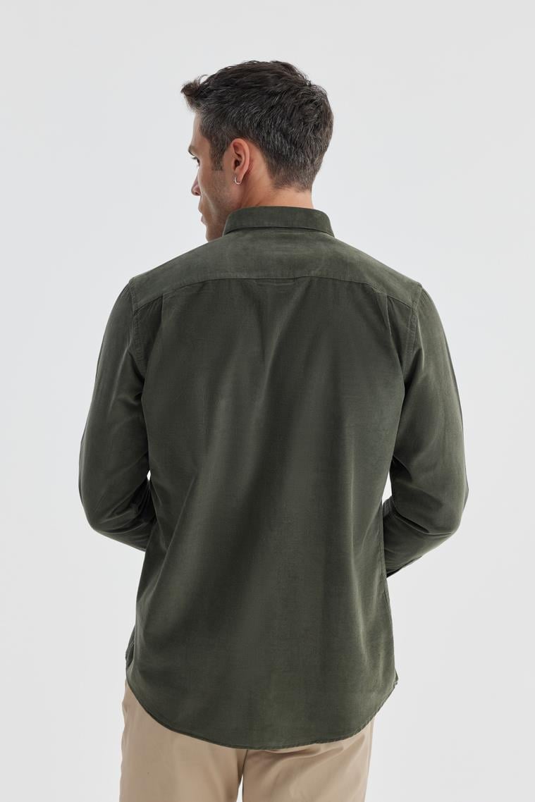Yeşil Comfort Fit Düğmeli Yaka %100 Pamuklu Kadife Gömlek