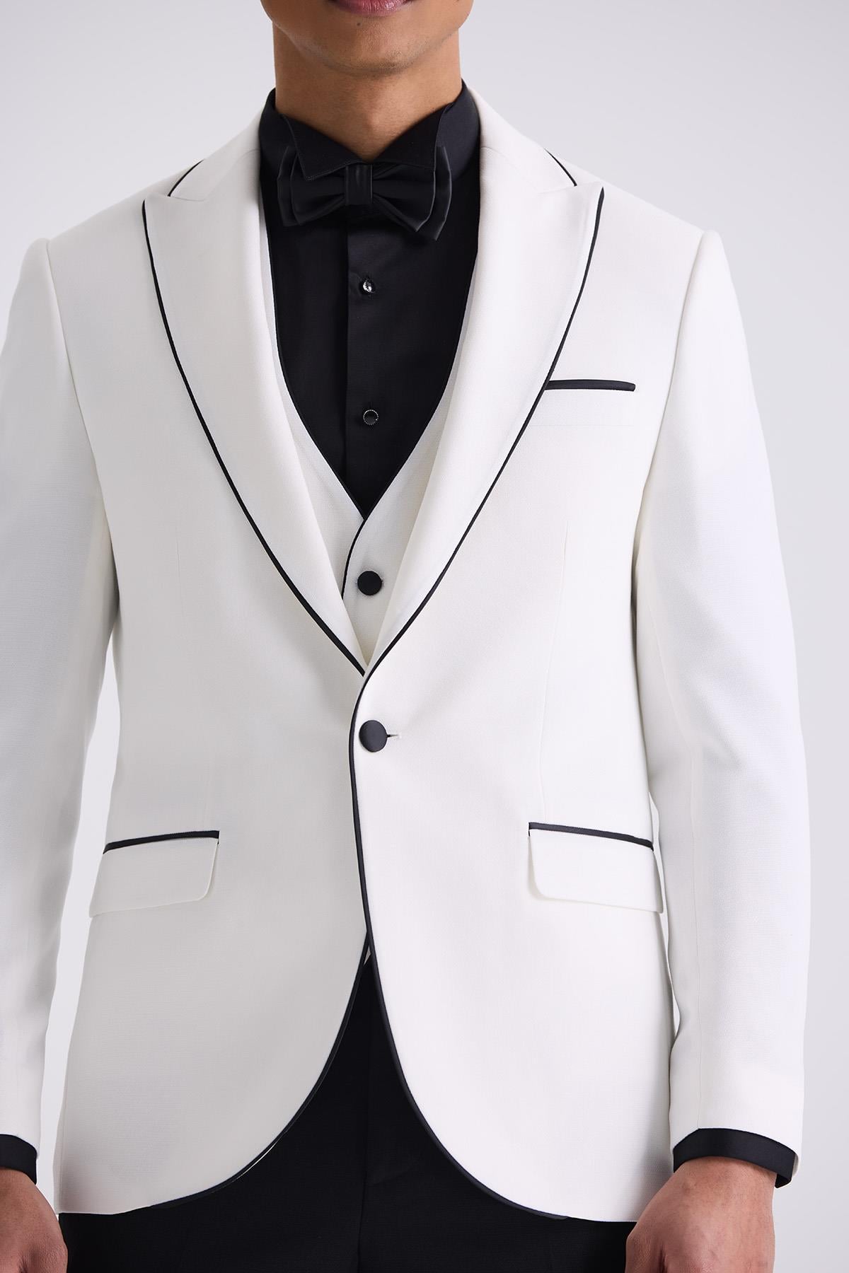 Beyaz Slim Fit Sivri Yaka Yelekli Smokin Takım Elbise