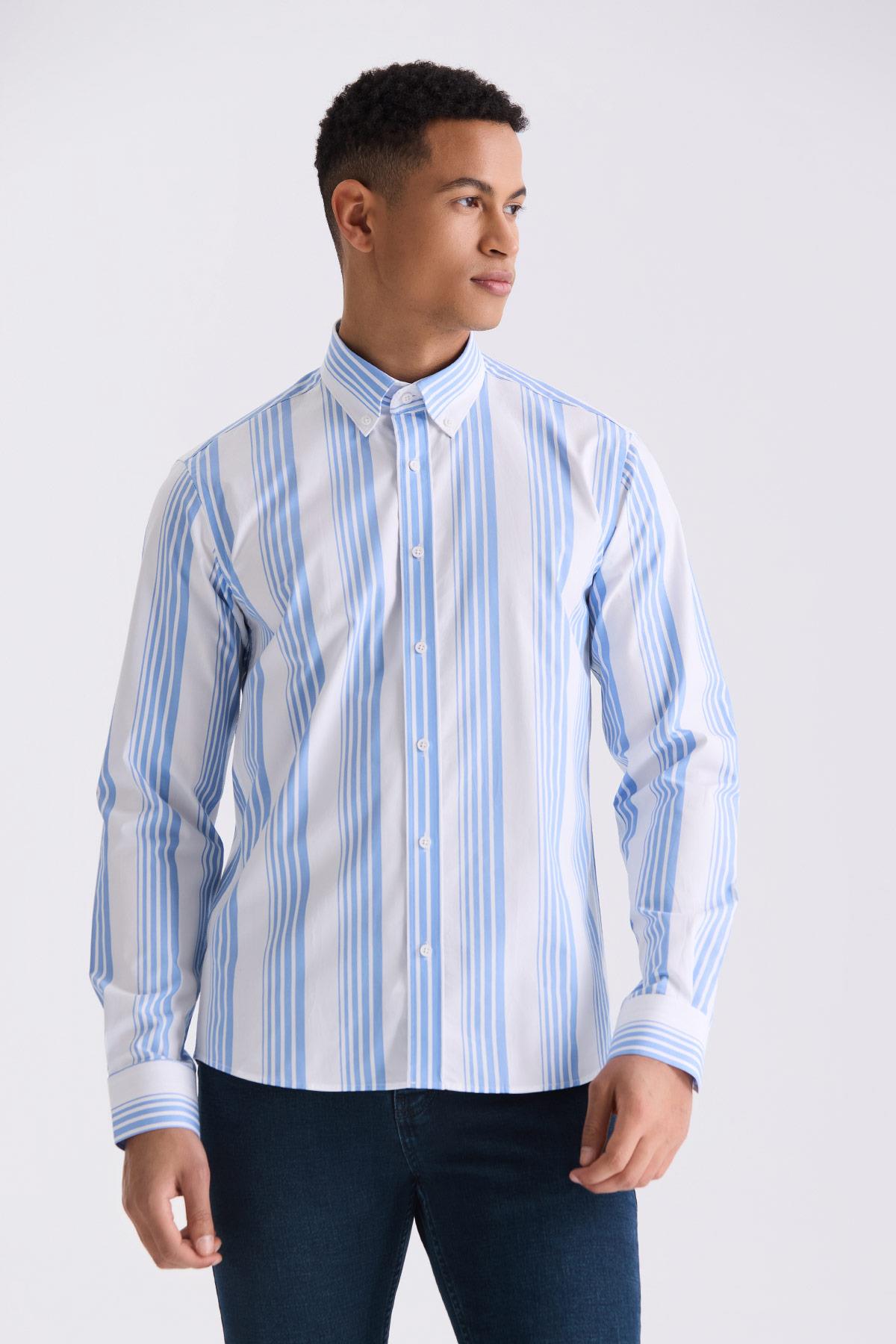 Mavi Slim Fit Çizgili %100 Pamuk Gömlek