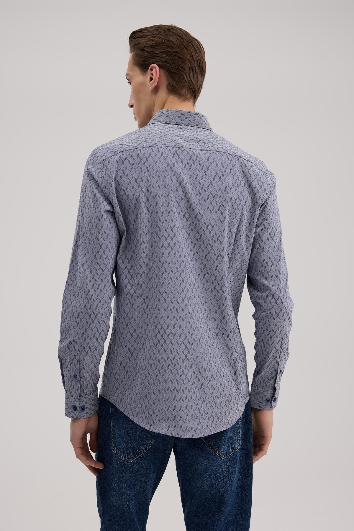 Lacivert Comfort Fit Alttan Düğmeli Yaka Desenli Gömlek