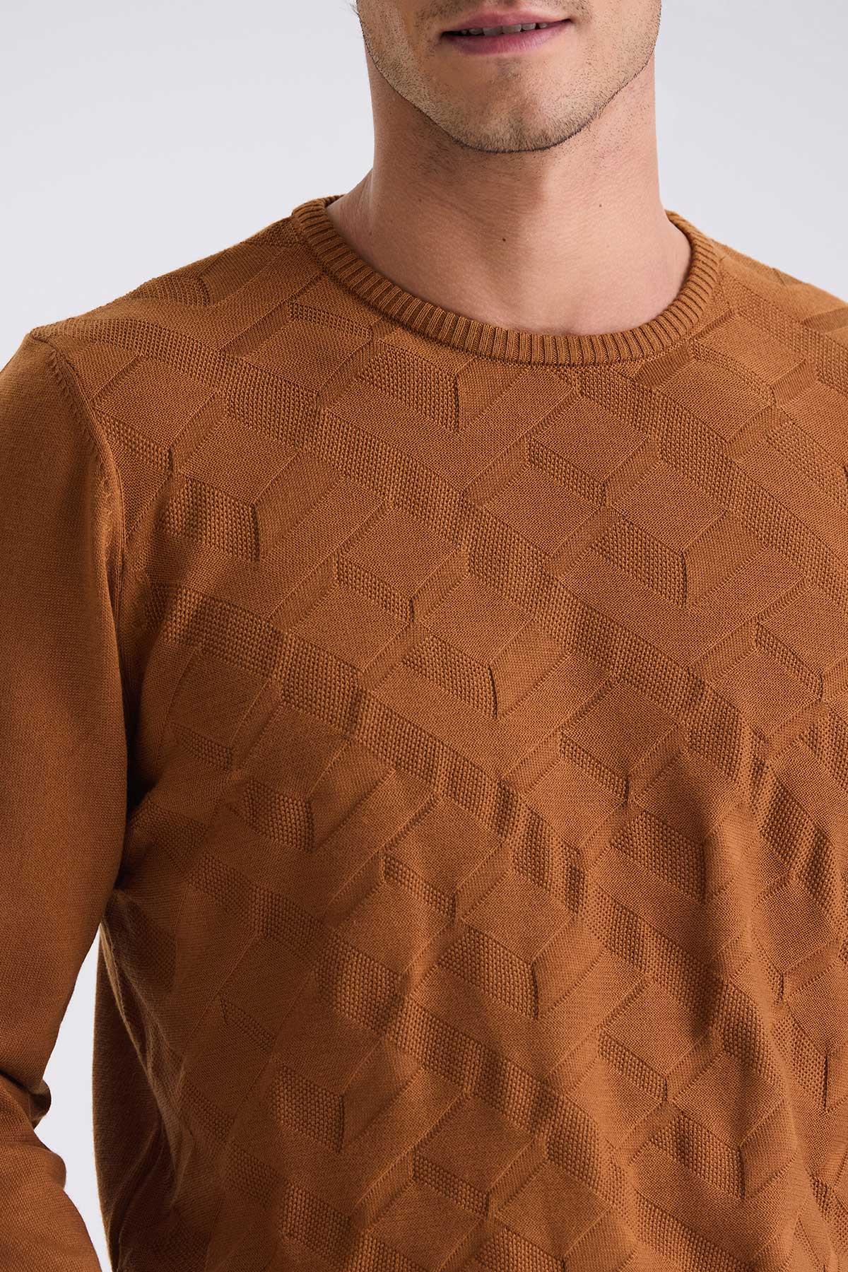 Tarçın Slim Fit Bisiklet Yaka Desenli Triko Kazak