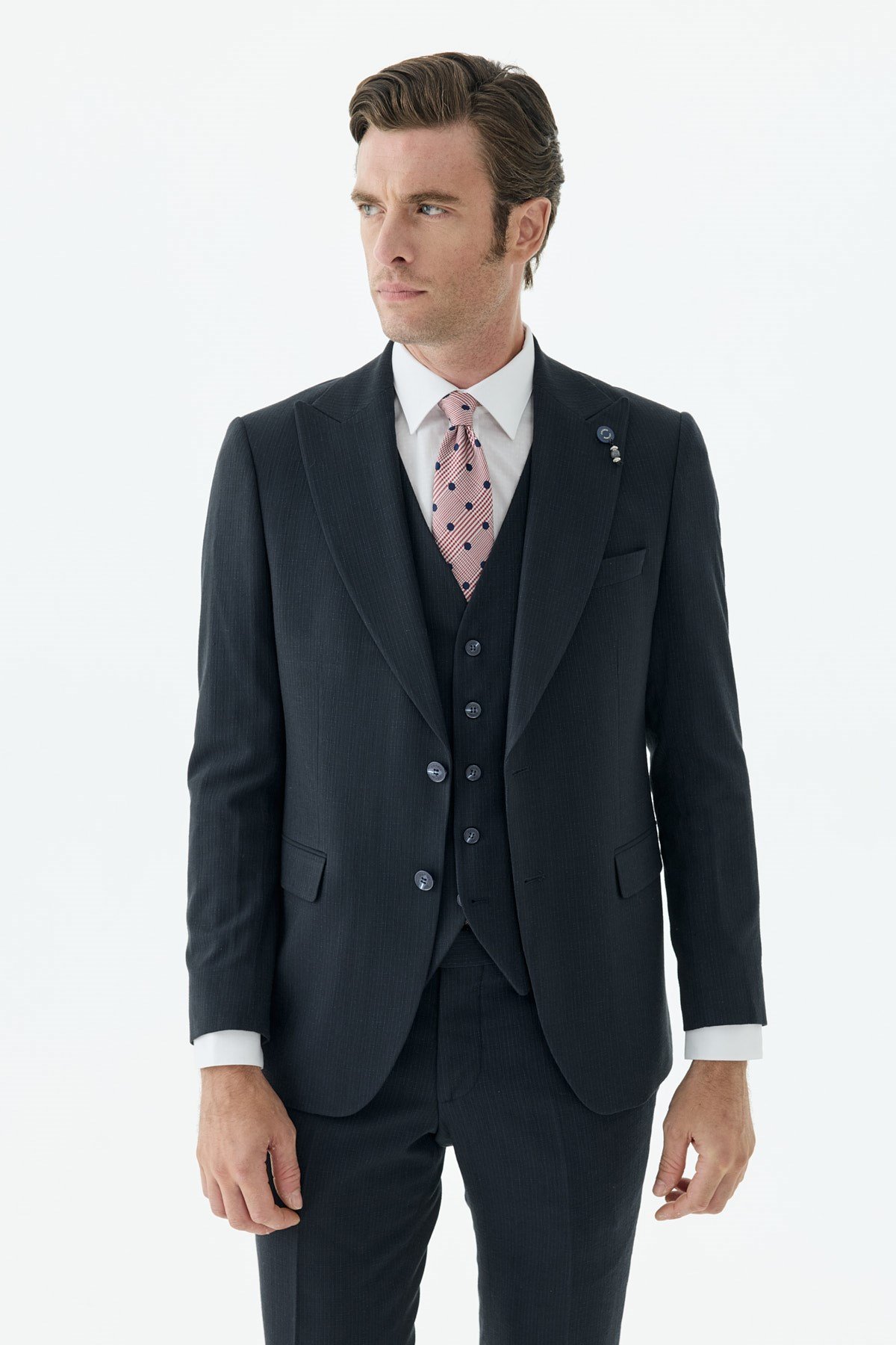 Lacivert Slim Fit Krlangıç Yaka Yelekli Çizgili Takım Elbise