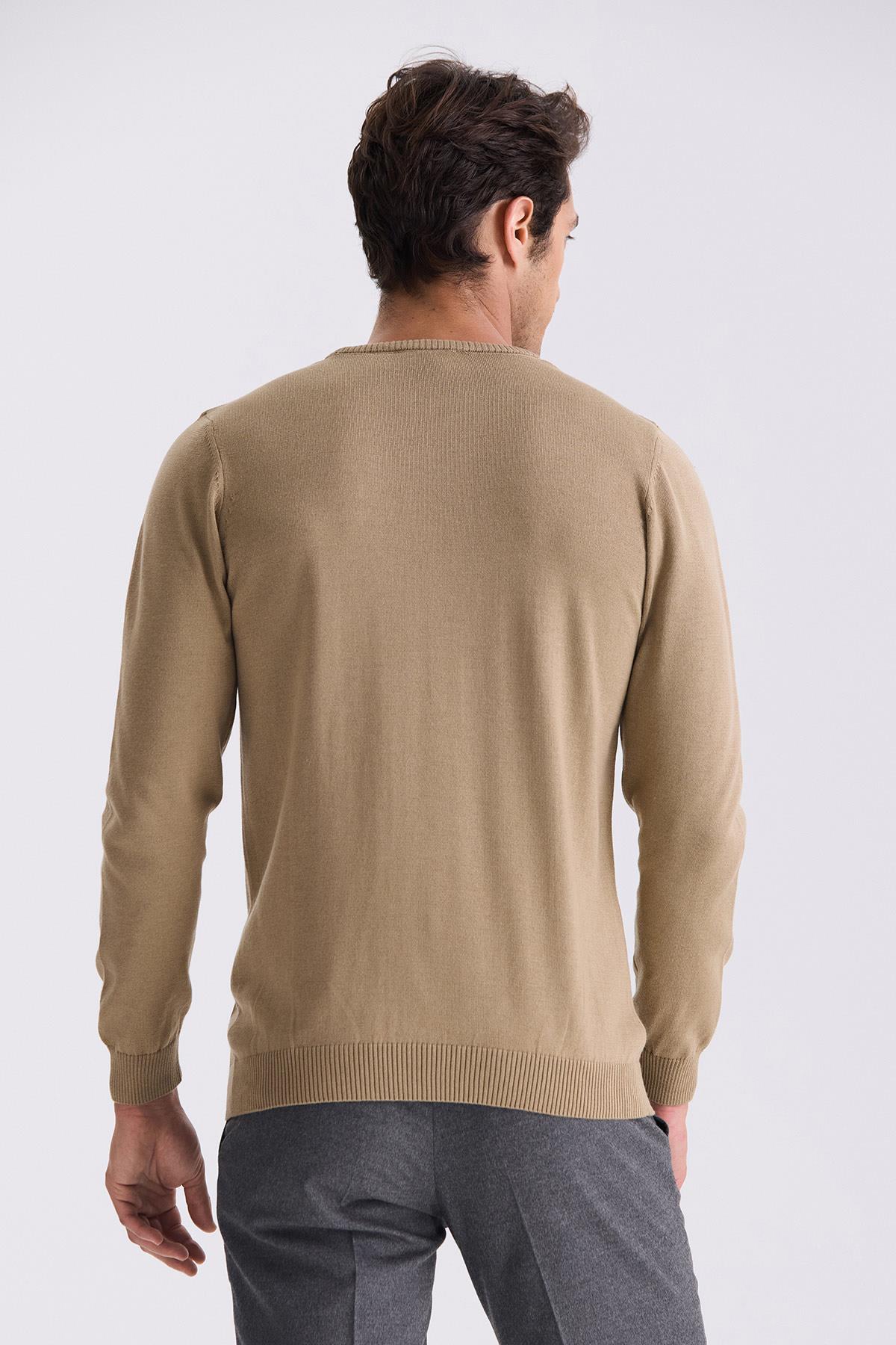 Bej Slim Fit Bisiklet Yaka Desenli Triko Kazak