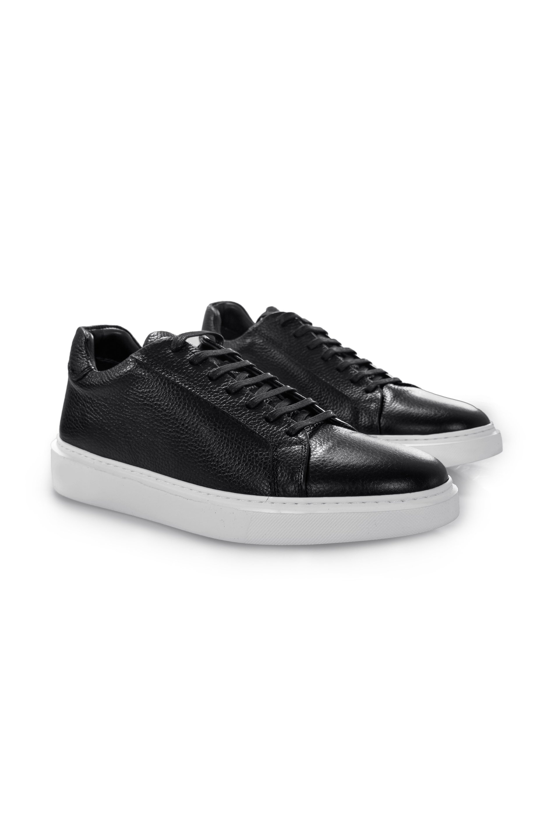 Siyah Beyaz %100 Deri Bağcıklı Günlük Sneaker Ayakkabı