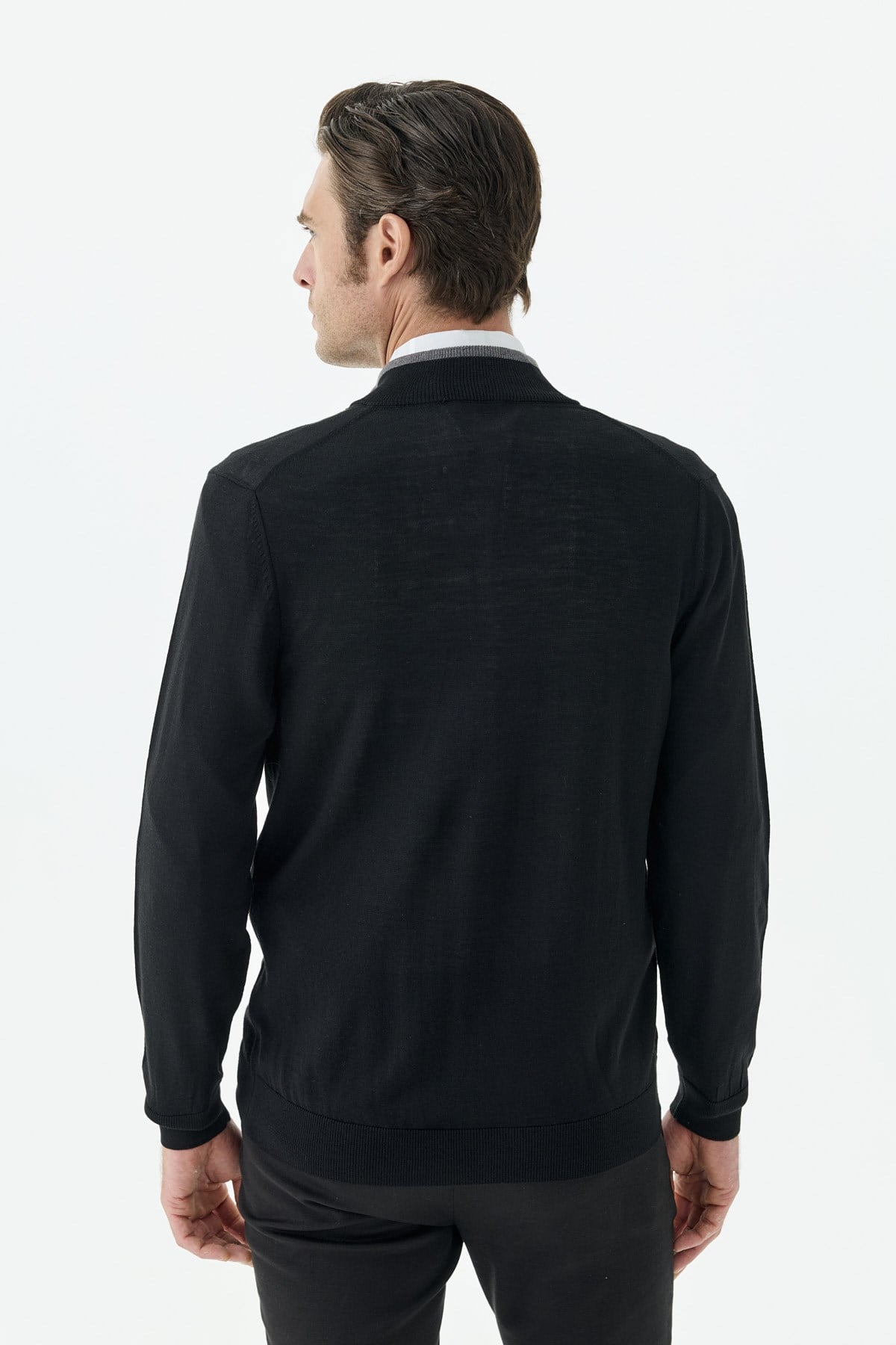 Siyah Slim Fit Yünlü Fermuarlı Triko