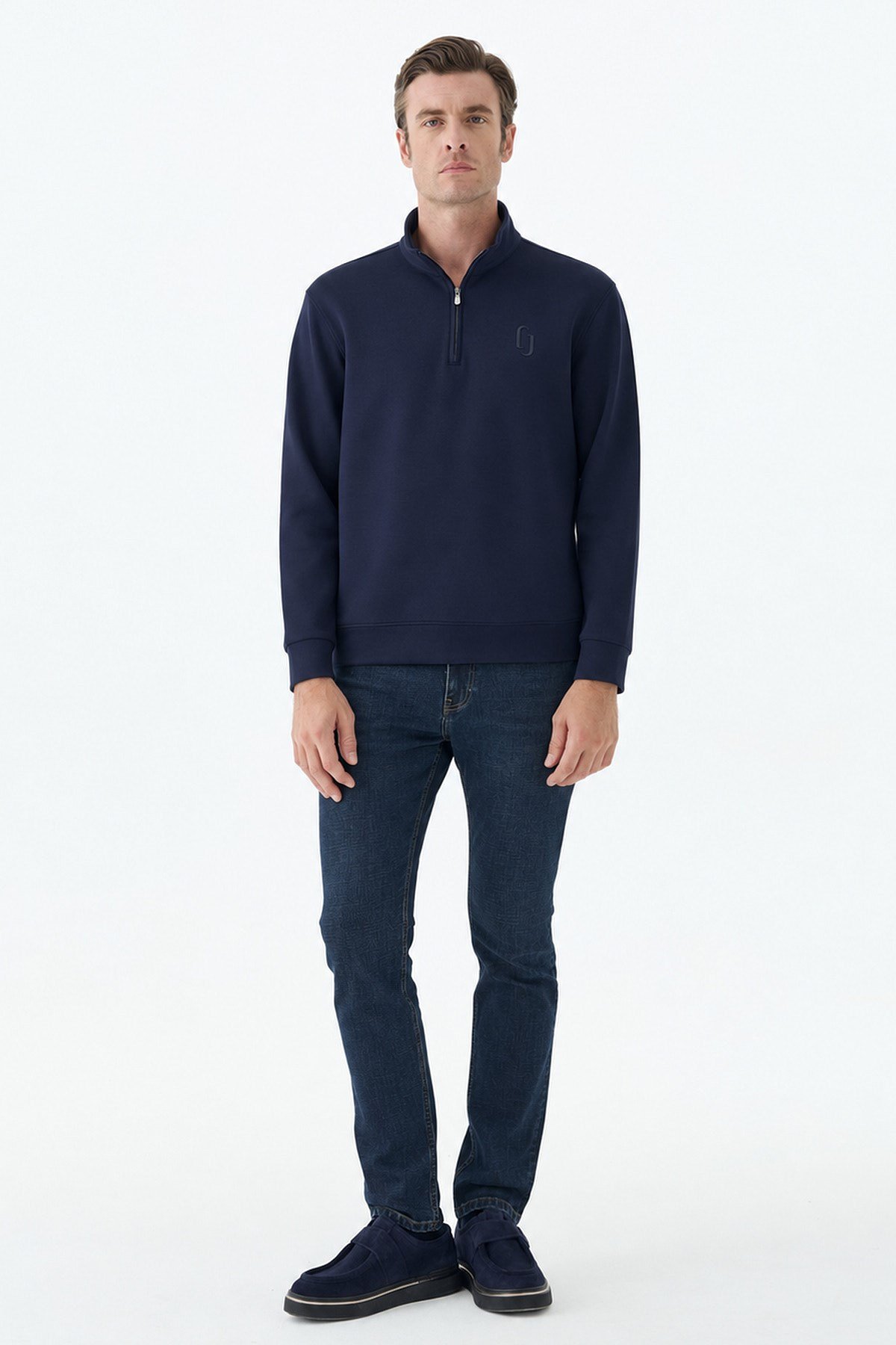 Lacivert Comfort Fit Fermuarlı Dik Yaka Rayon Sweatshirt