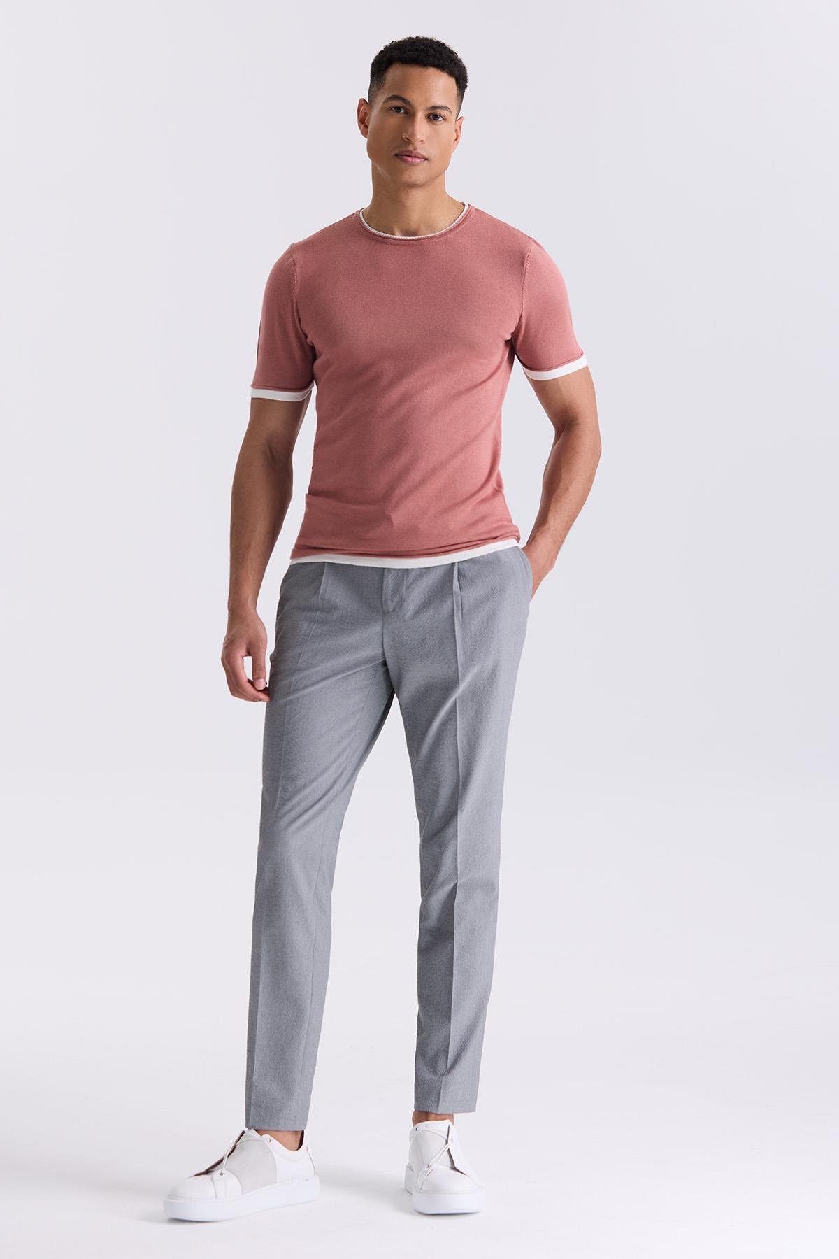 Gül Kurusu Slim Fit Triko Bisiklet Yaka T-Shirt