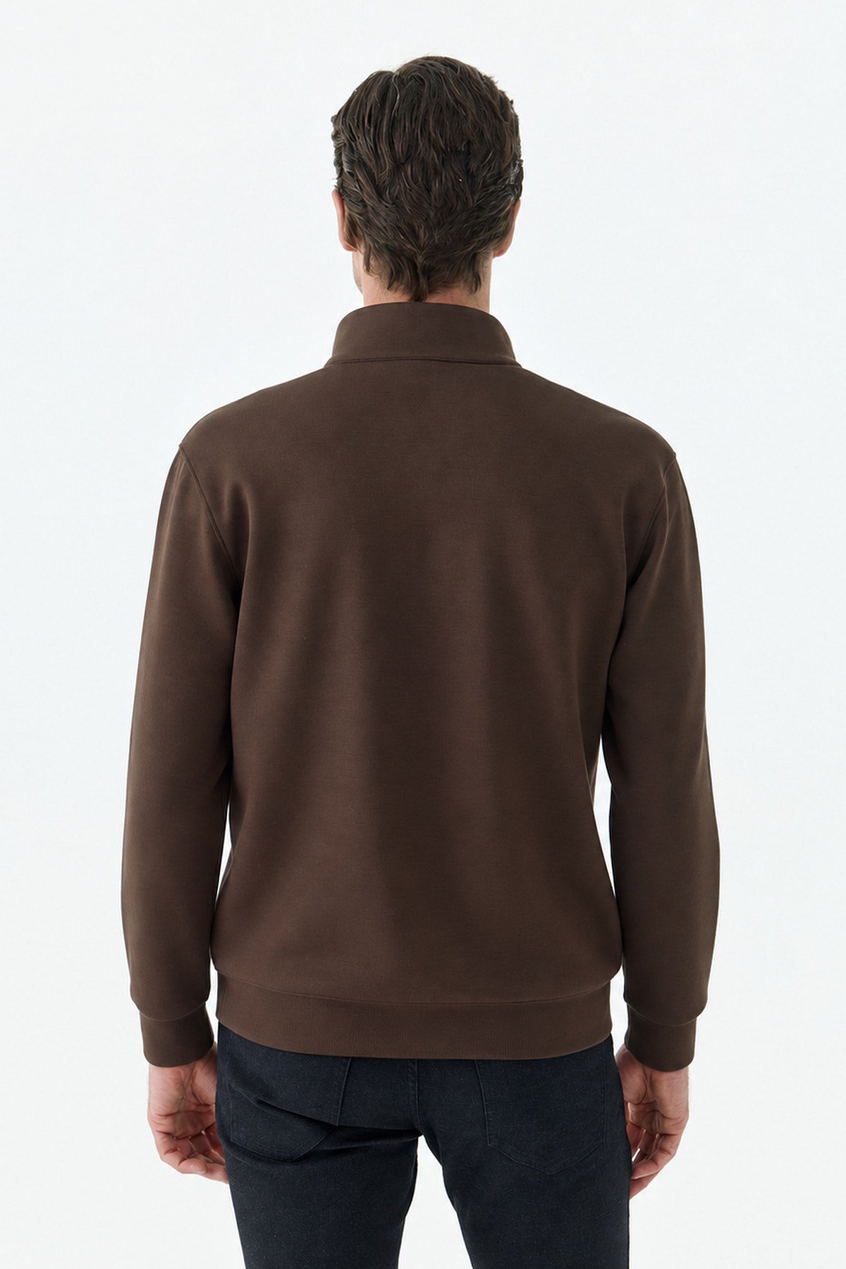 Kahve Comfort Fit Fermuarlı Dik Yaka Rayon Sweatshirt