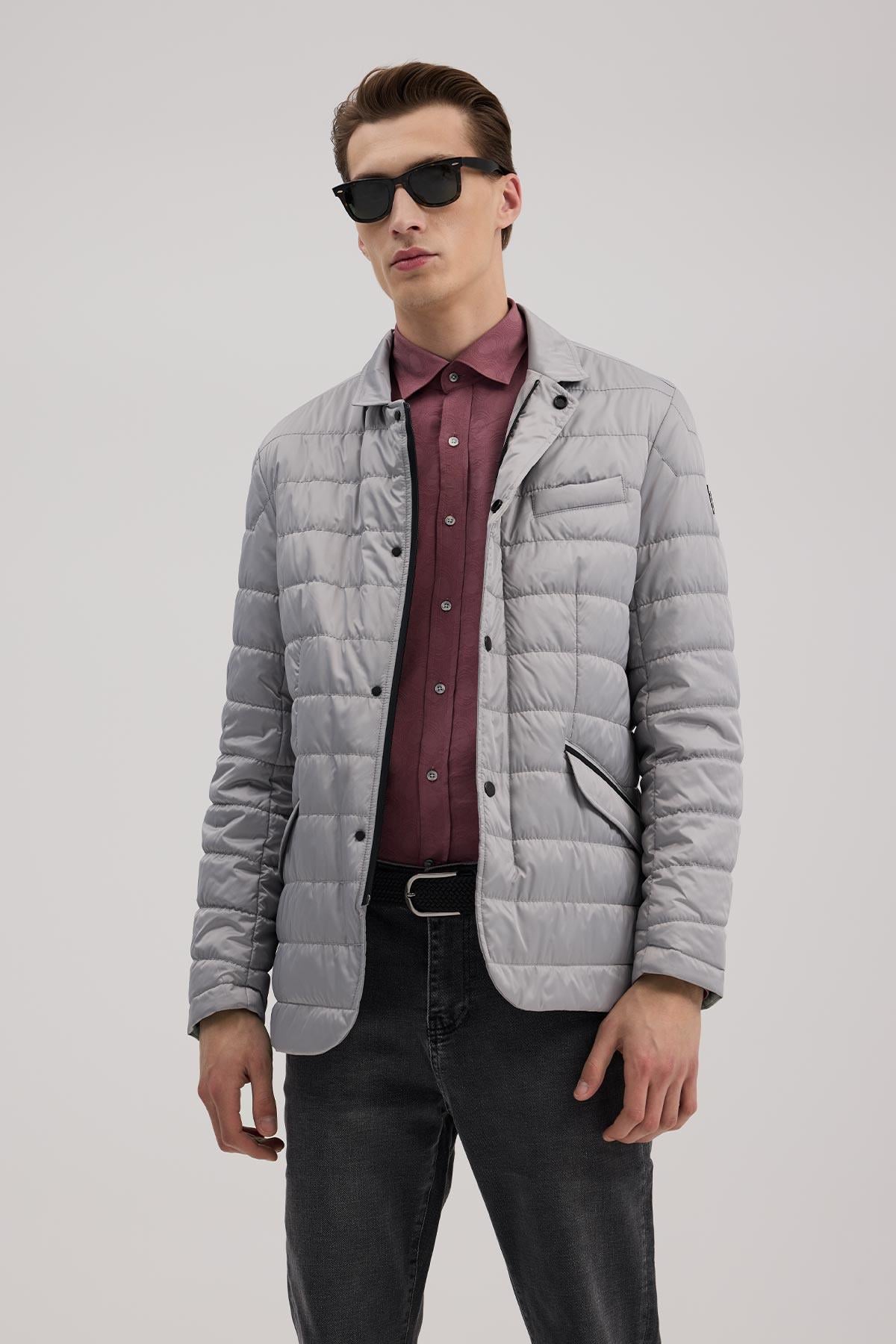 Gri Comfort Fit Dik Yaka Fermuarlı Şişme Mont