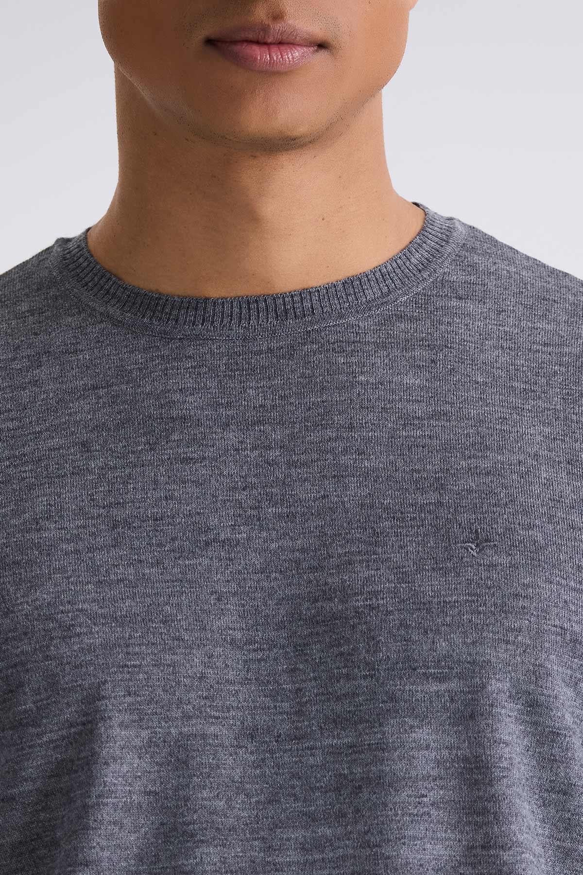 Gri Regular Fit Bisiklet Yaka Triko Kazak