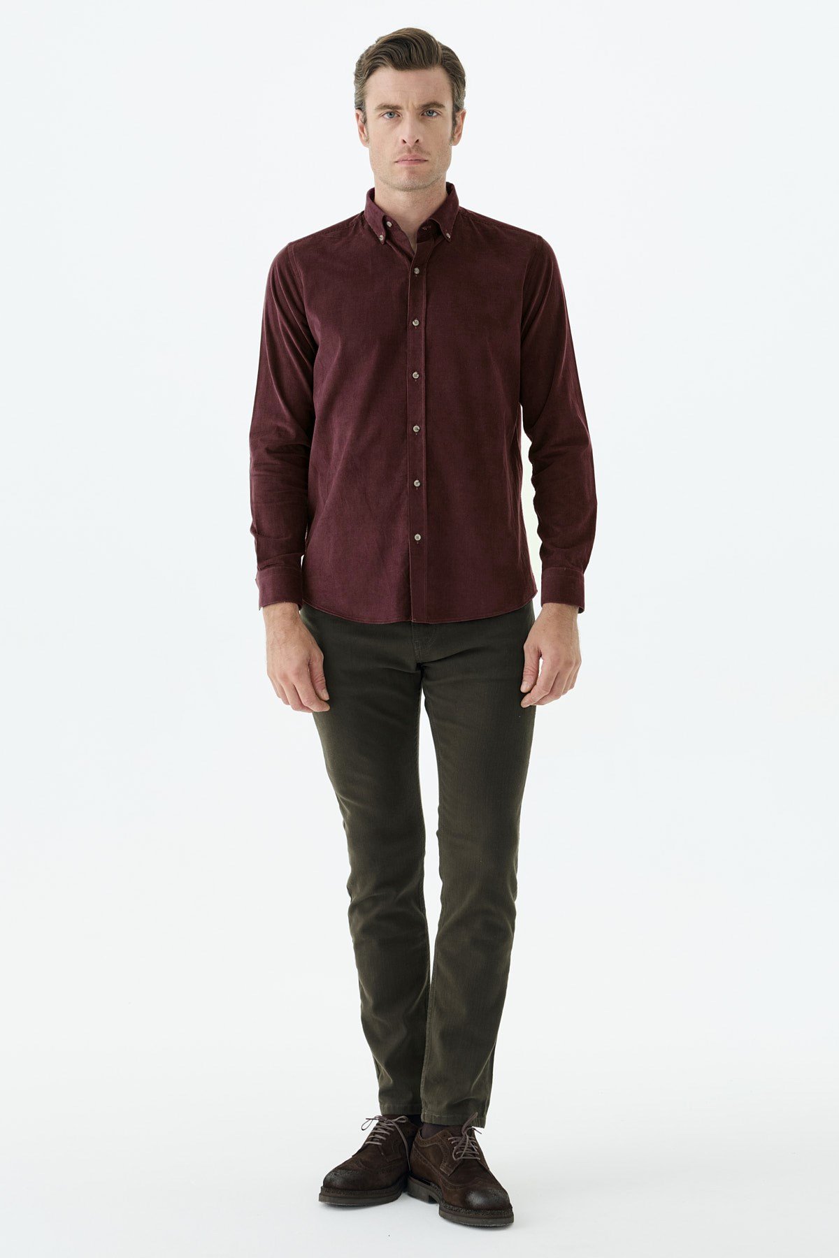 Bordo Comfort Fit %100 Pamuk Kadife Gömlek