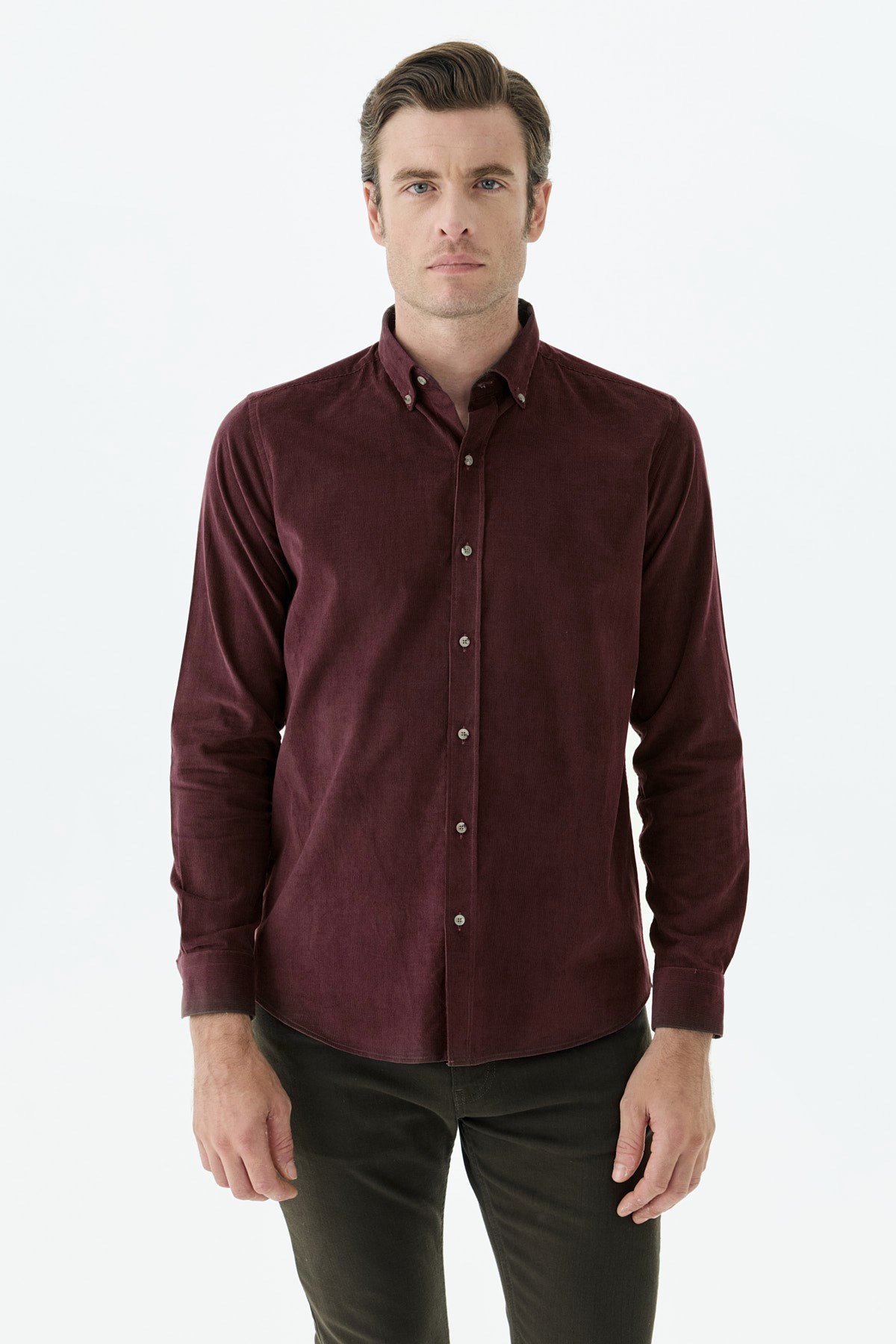 Bordo Comfort Fit %100 Pamuk Kadife Gömlek