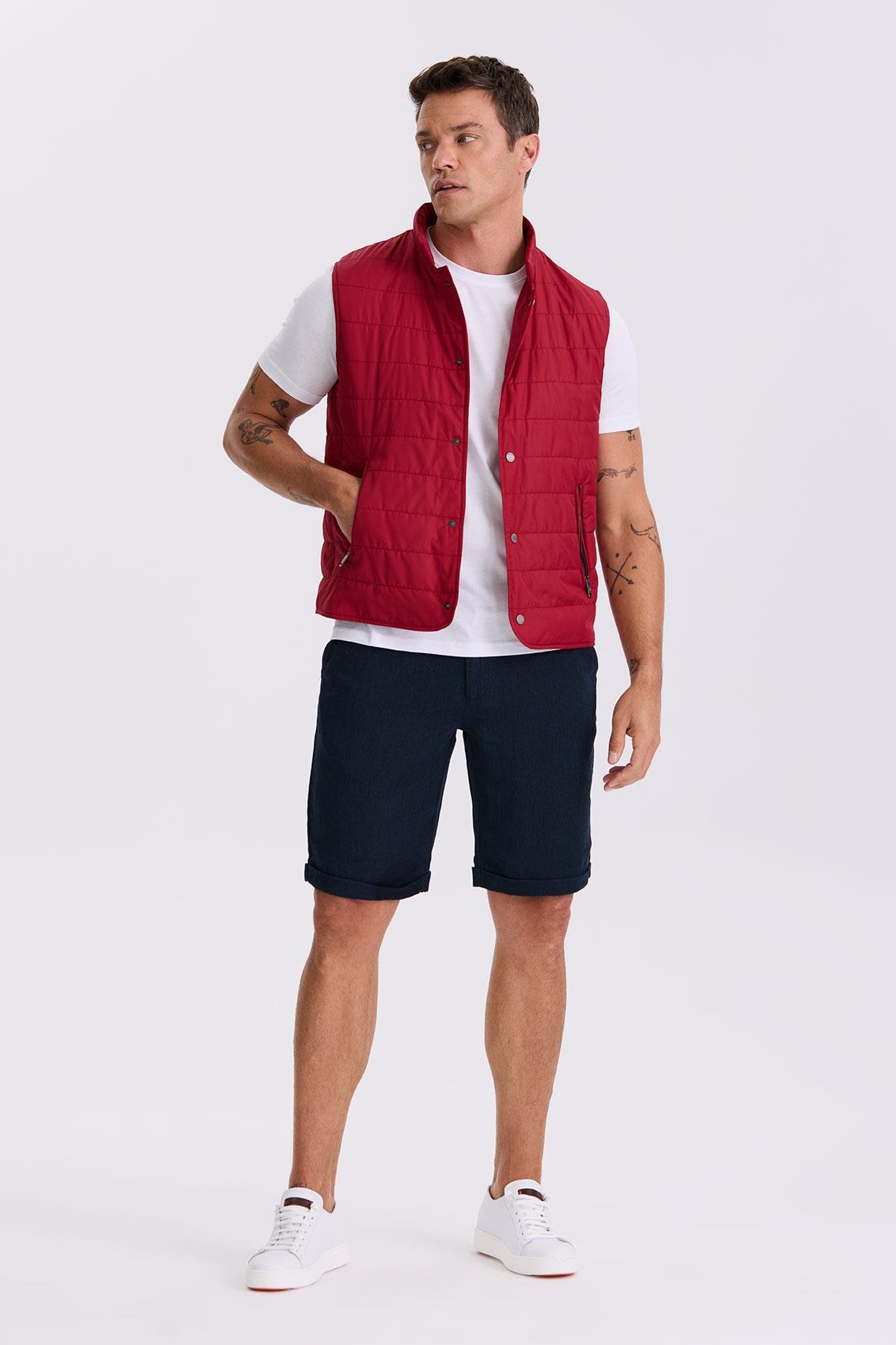 Kırmızı Hakim Yaka Elyaflı Slim Fit Yelek