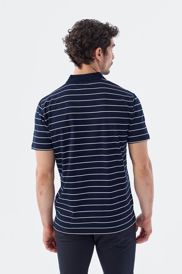 Lacivert Slim Fit Çizgili %100 Pamuk Polo Yaka T-Shirt