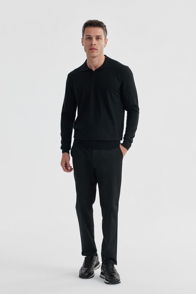 Siyah Slim Fit Polo Yaka Triko Kazak