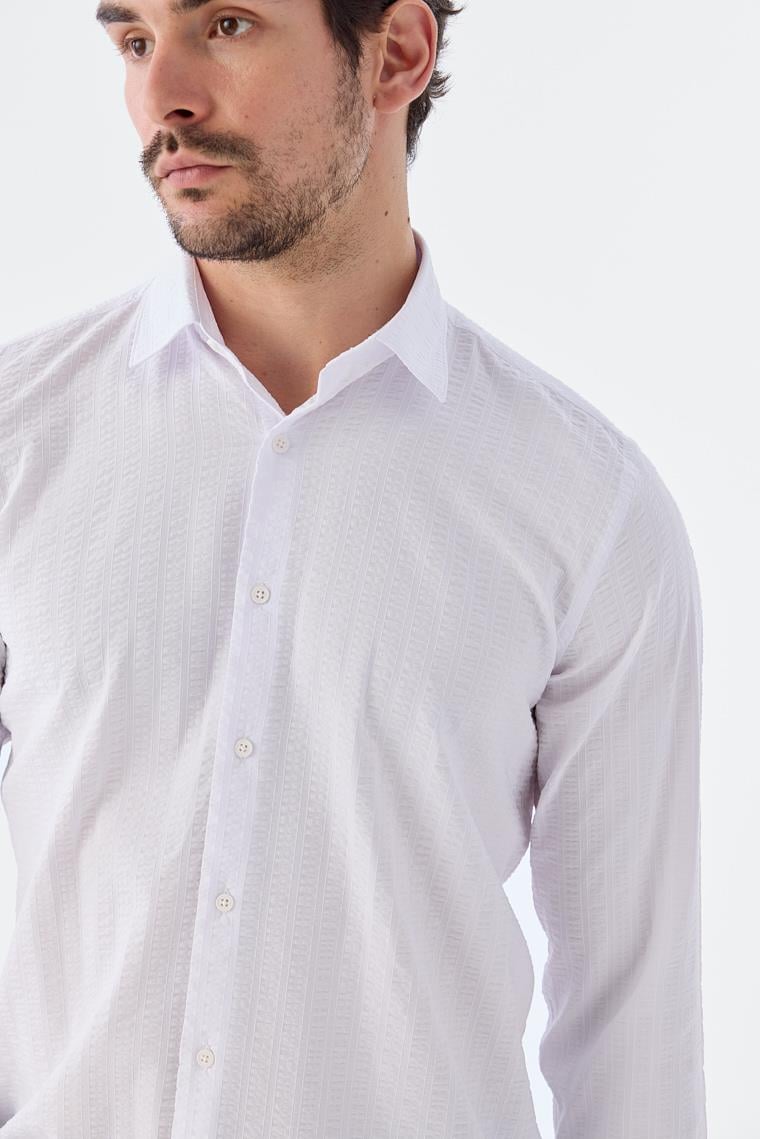 Beyaz Comfort Fit Desenli Esnek Kumaş Pamuklu Spor Gömlek