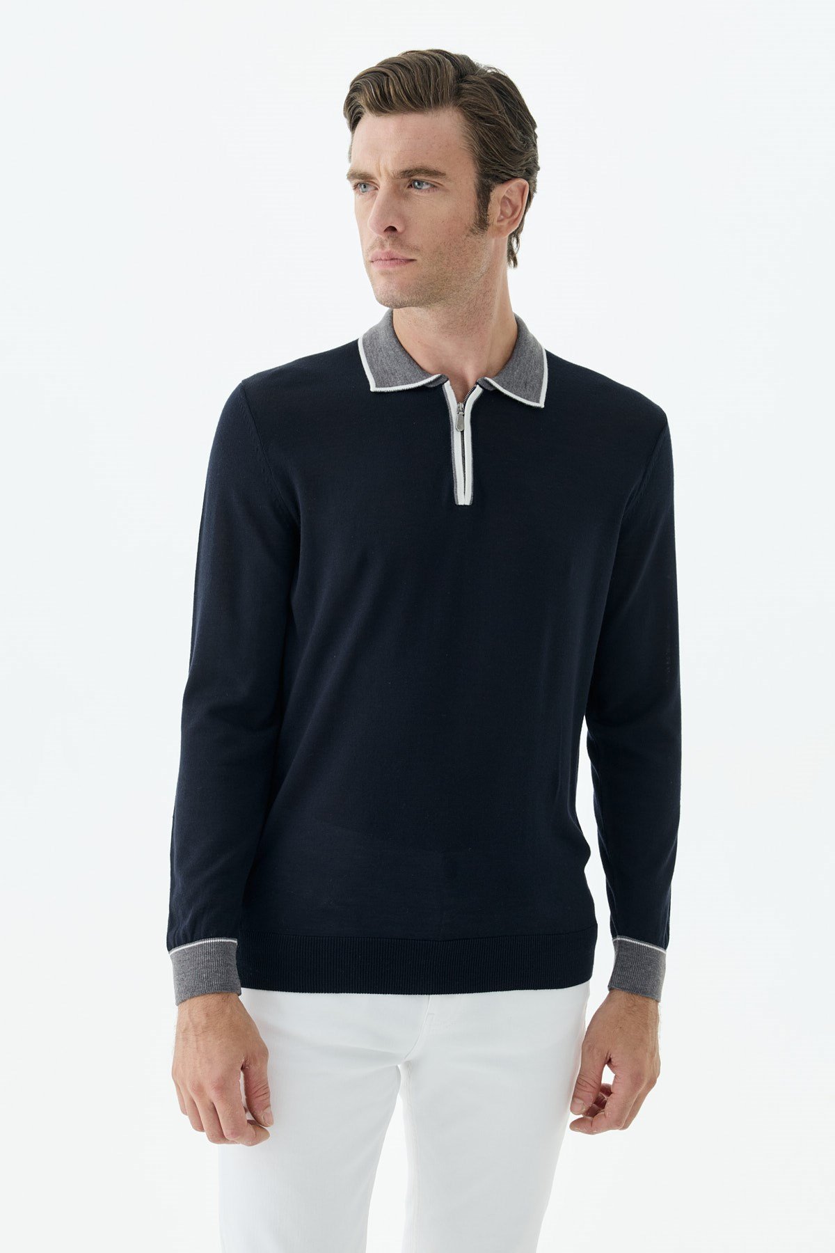 Lacivert Slim Fit Polo Yaka Fermuarlı Triko Kazak