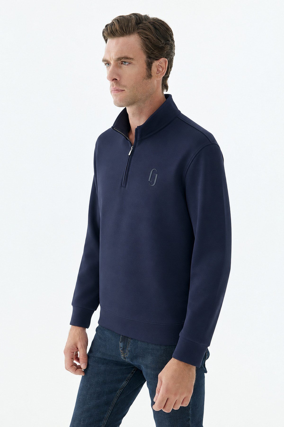 Lacivert Comfort Fit Fermuarlı Dik Yaka Rayon Sweatshirt