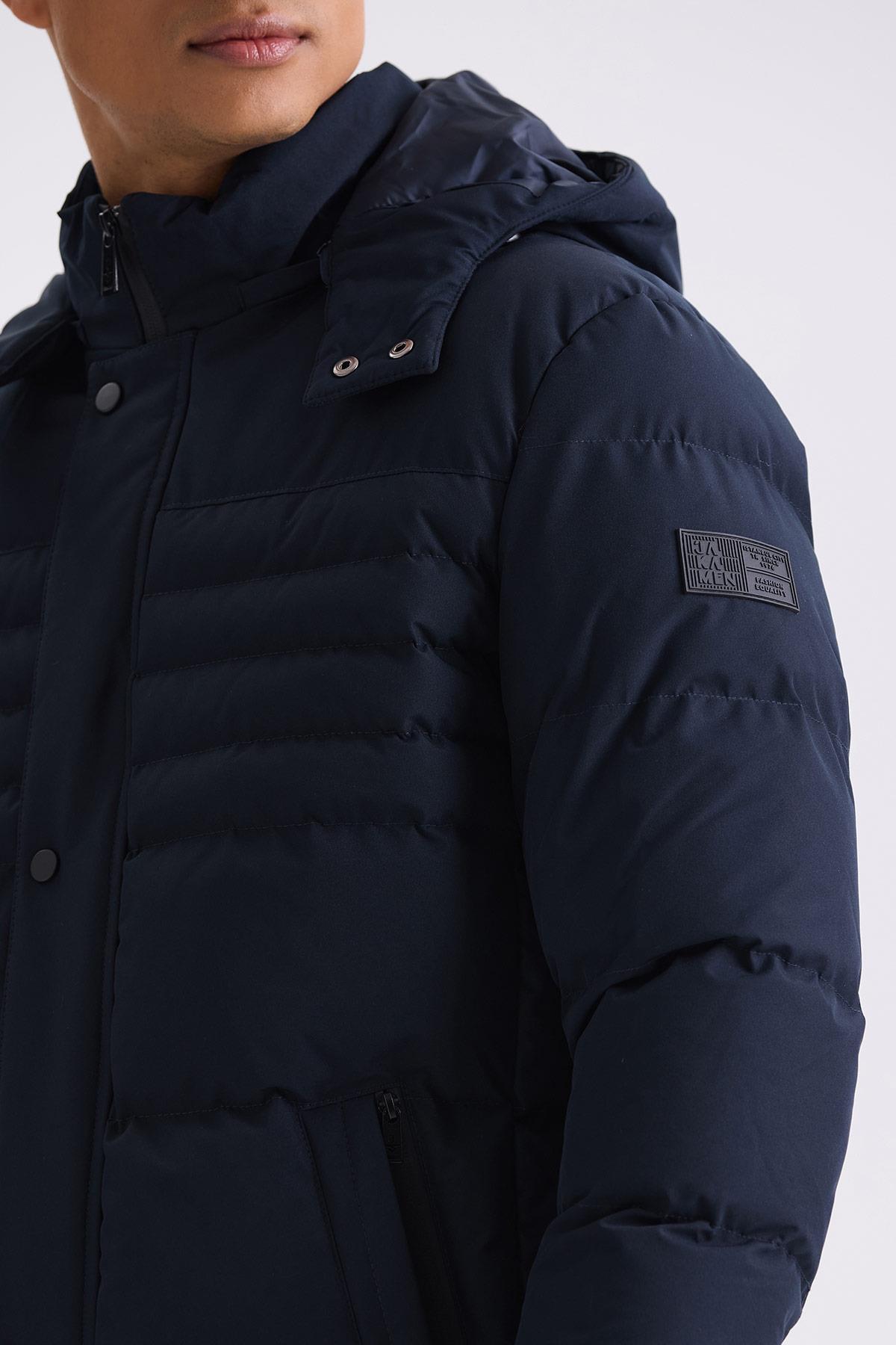 Lacivert Regular Fit Hakim Yaka Gizli Fermuarlı Şişme Mont