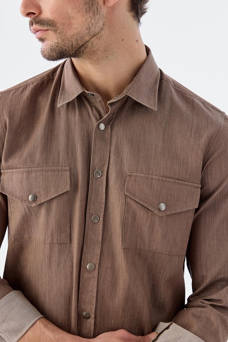 Kahve Comfort Fit Cepli Çıtçıtlı %100 Pamuk Kot Gömlek
