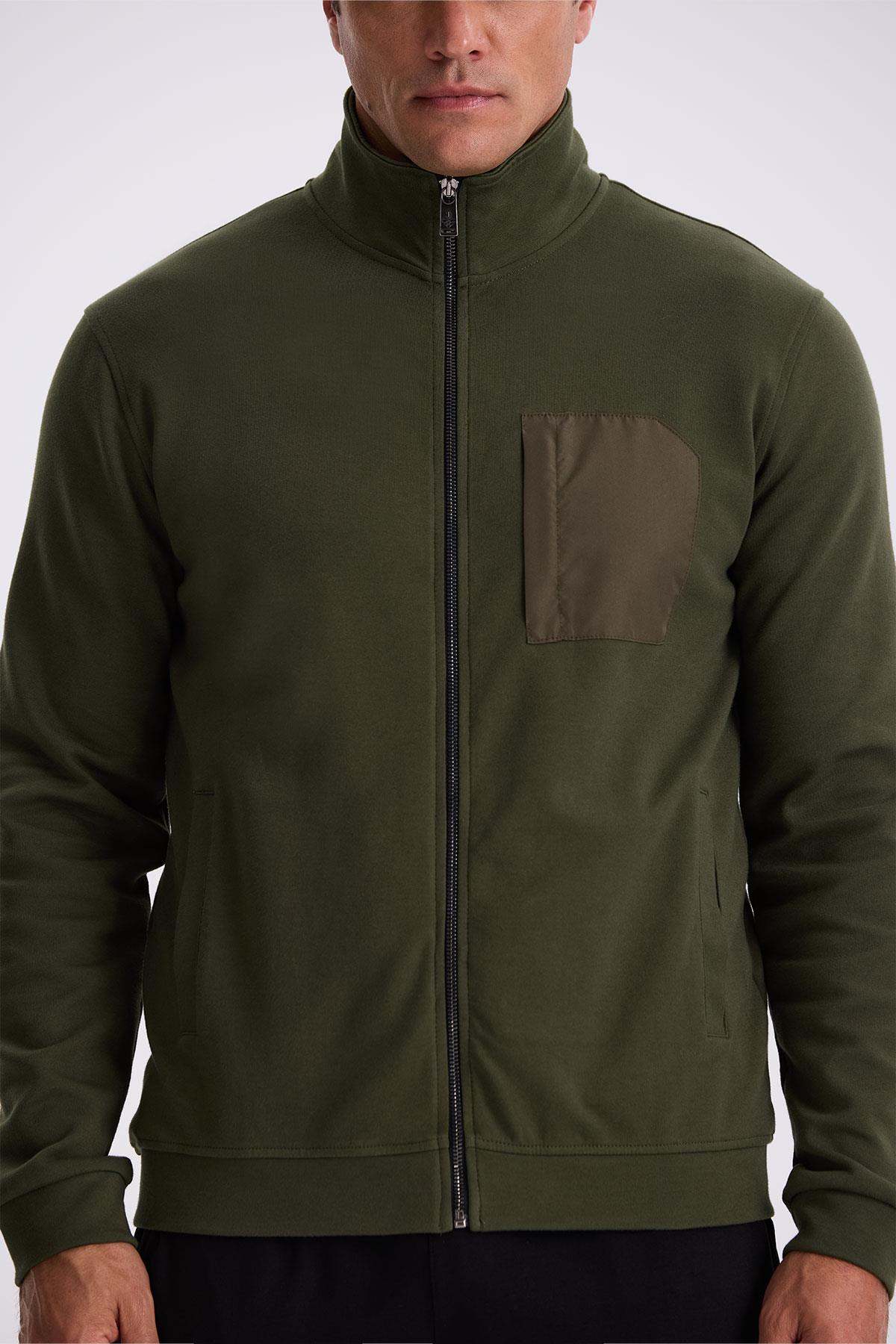 Haki Slim Fit Fermuarlı Pamuklu Likralı Eşofman Üstü