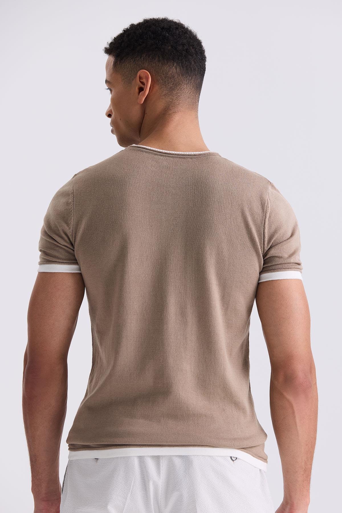 Bej Slim Fit Triko Bisiklet Yaka T-Shirt