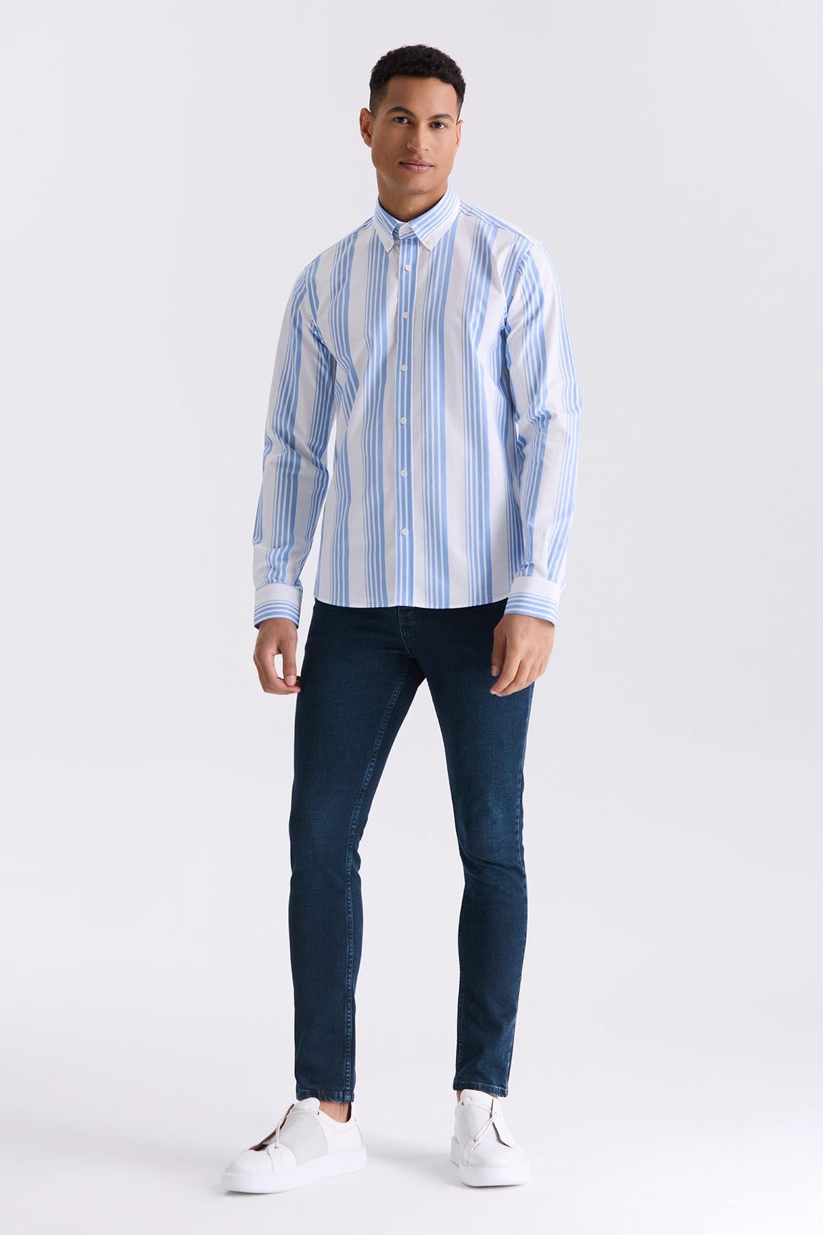 Mavi Slim Fit Çizgili %100 Pamuk Gömlek