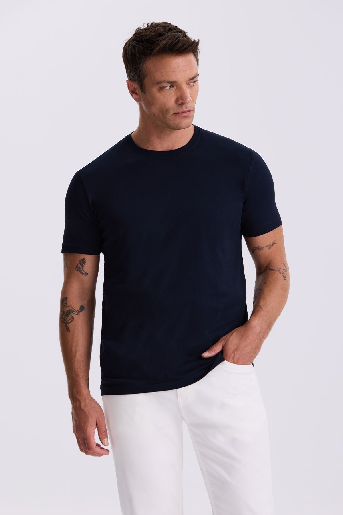 3lü Paket Basic Slim Fit Siyah Beyaz Lacivert %100 Pamuk Bisiklet Yaka T-Shirt