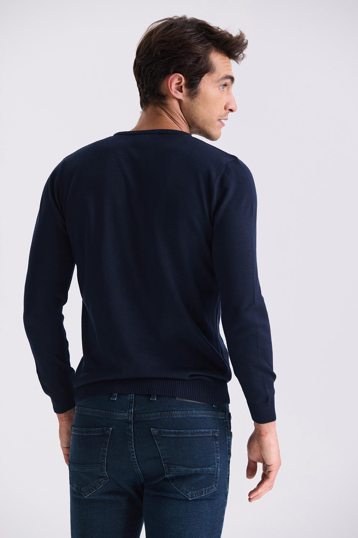 İndigo Slim Fit Bisiklet Yaka Desenli Triko Kazak