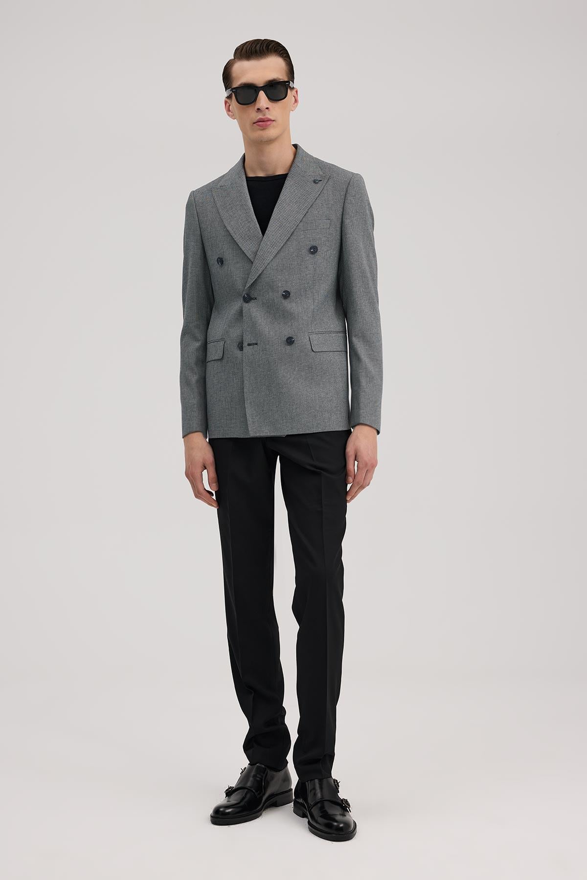 Lacivert Slim Fit Kruvaze Takım Elbise