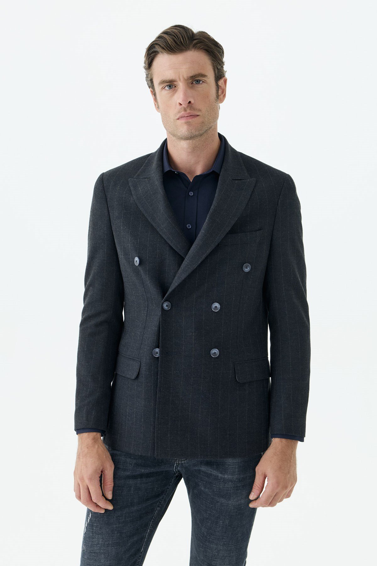 Lacivert Slim Fit Dik Yaka Kruvaze Ceket