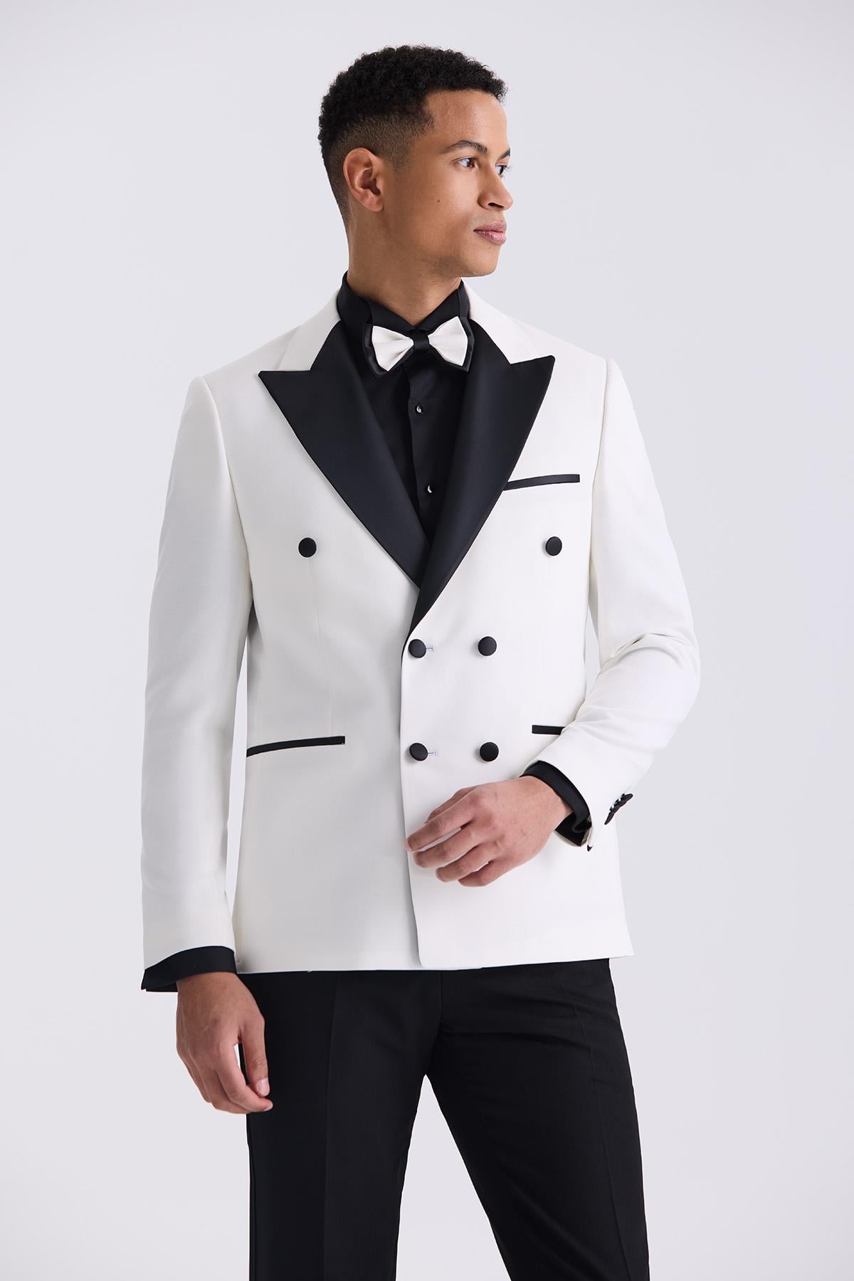 Beyaz Slim Fit Sivri Yaka Kruvaze Smokin Takım Elbise