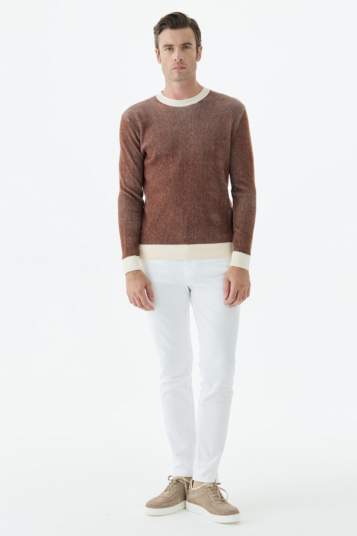 Kahve Comfort Fit Desenli Bisiklet Yaka Triko