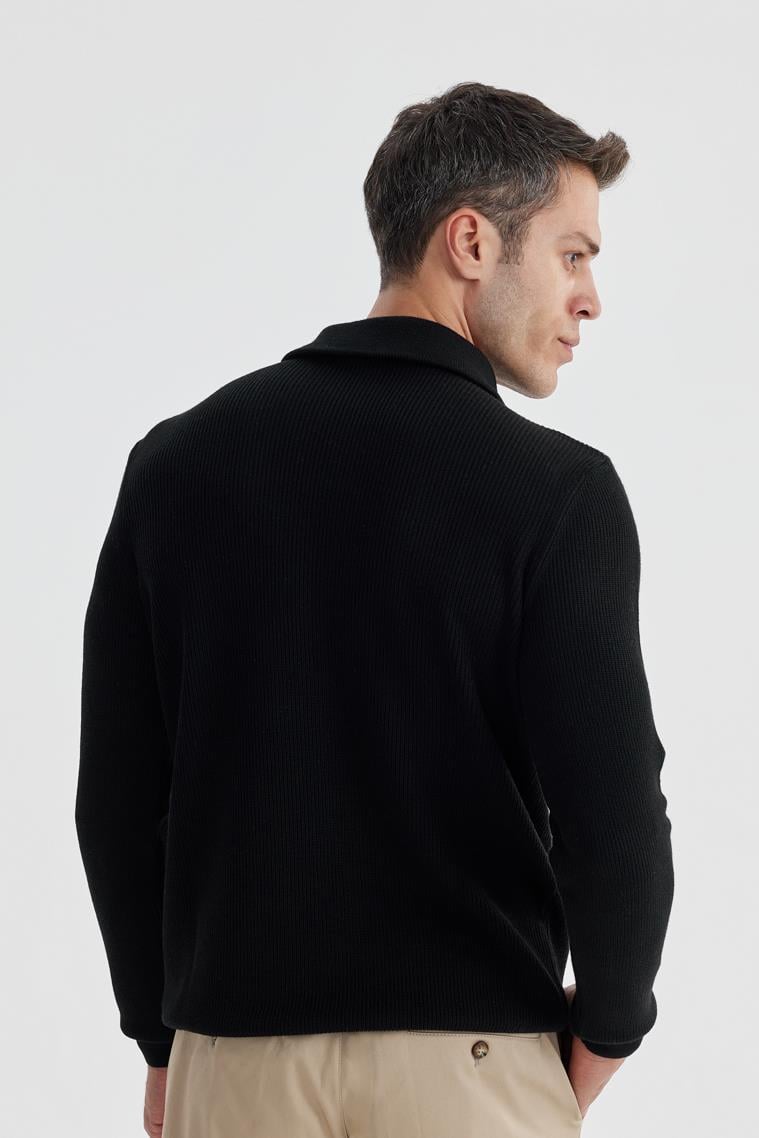 Siyah Slim Fit Yünlü Fermuarlı Yaka Triko