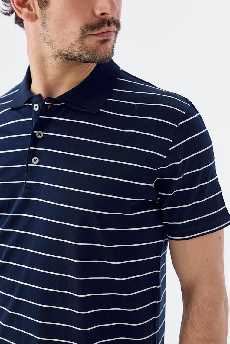 Lacivert Slim Fit Çizgili %100 Pamuk Polo Yaka T-Shirt