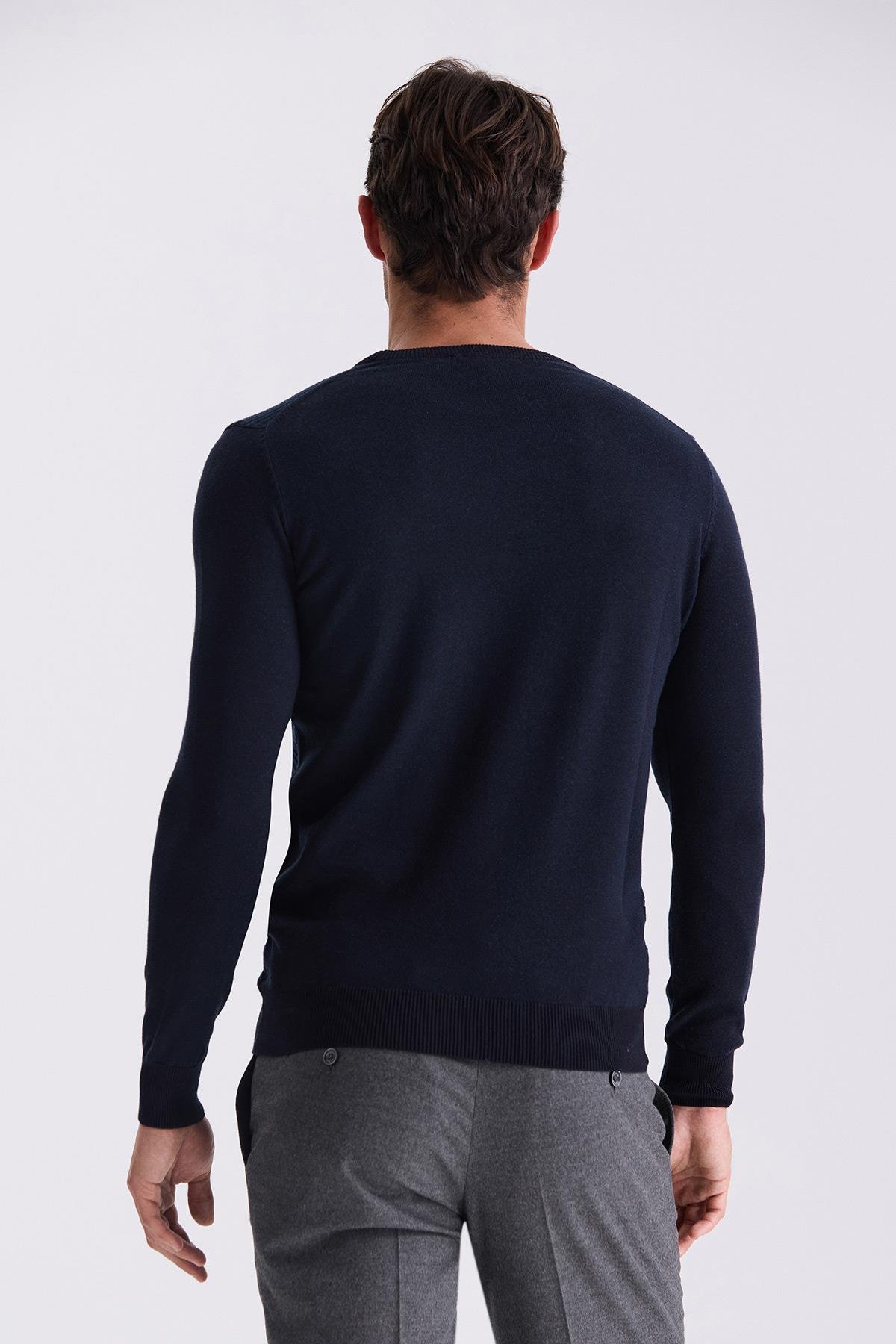 Lacivert Slim Fit Bisiklet Yaka Desenli Triko Kazak