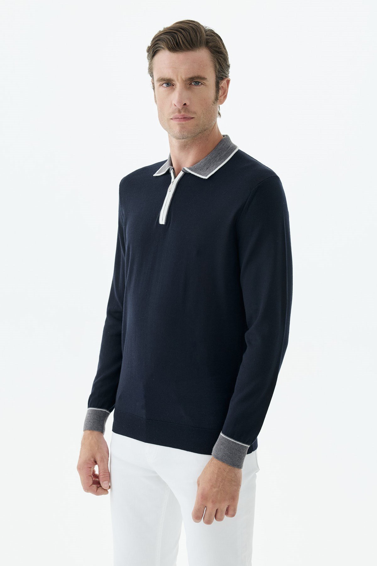 Lacivert Slim Fit Polo Yaka Fermuarlı Triko Kazak