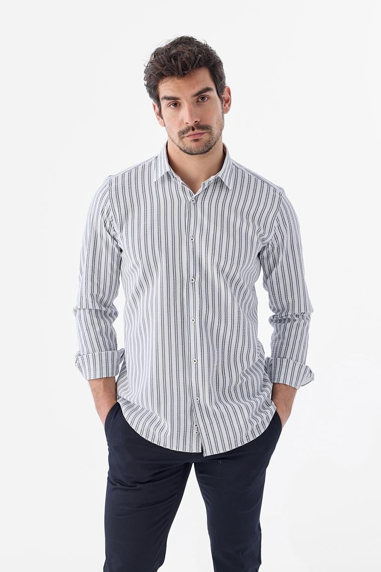 Koyu Lacivert Comfort Fit Desenli Esnek Kumaş Pamuklu Spor Gömlek