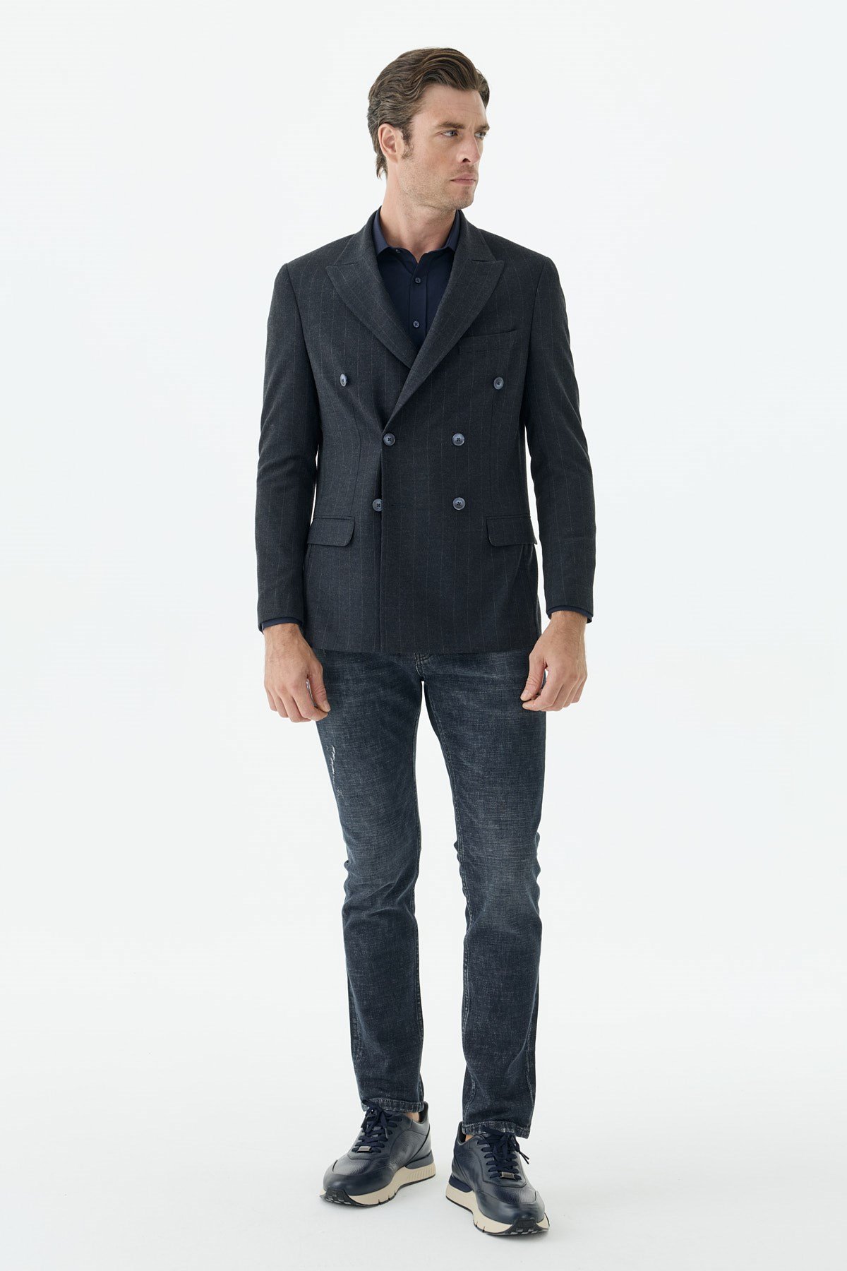 Lacivert Slim Fit Dik Yaka Kruvaze Ceket