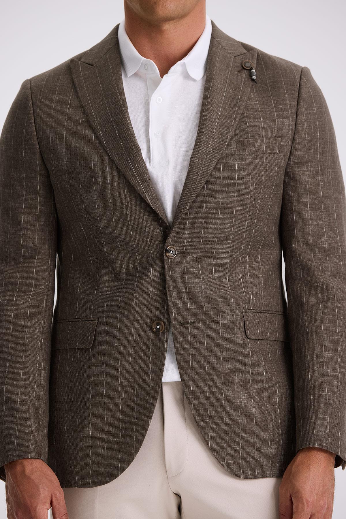 Kahve Slim Fit Kırlangıç Yaka Çizgili Keten Pamuk Mevsimlik Ceket