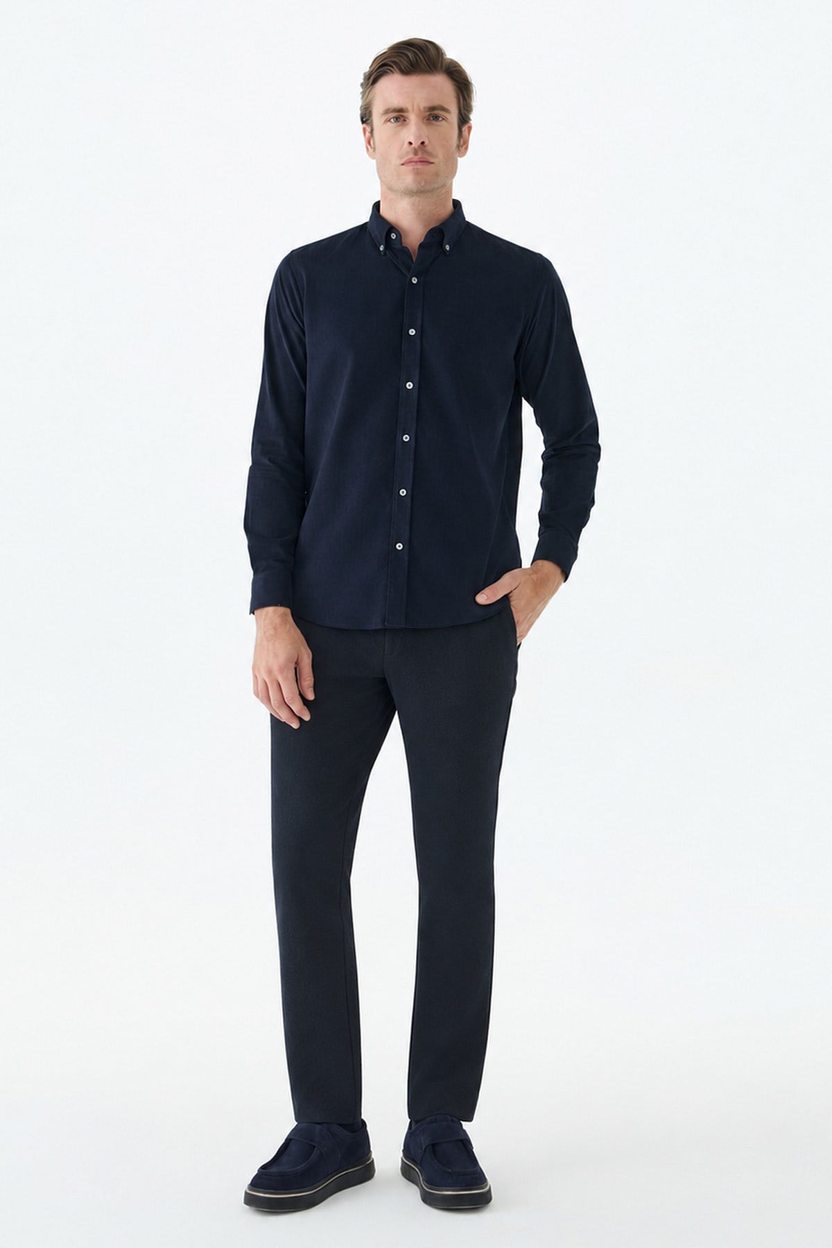Lacivert Comfort Fit %100 Pamuk Kadife Gömlek