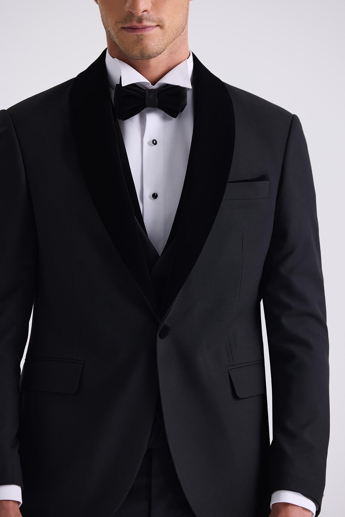 Siyah Slim Fit Şal Yaka Yelekli Smokin Takım Elbise
