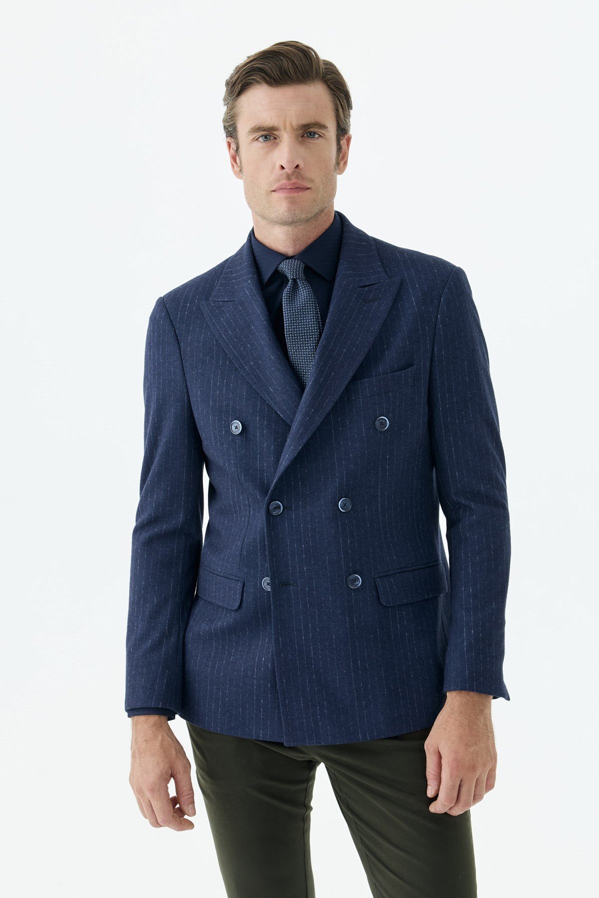 Lacivert Slim Fit Dik Yaka Çizgili Kruvaze Ceket