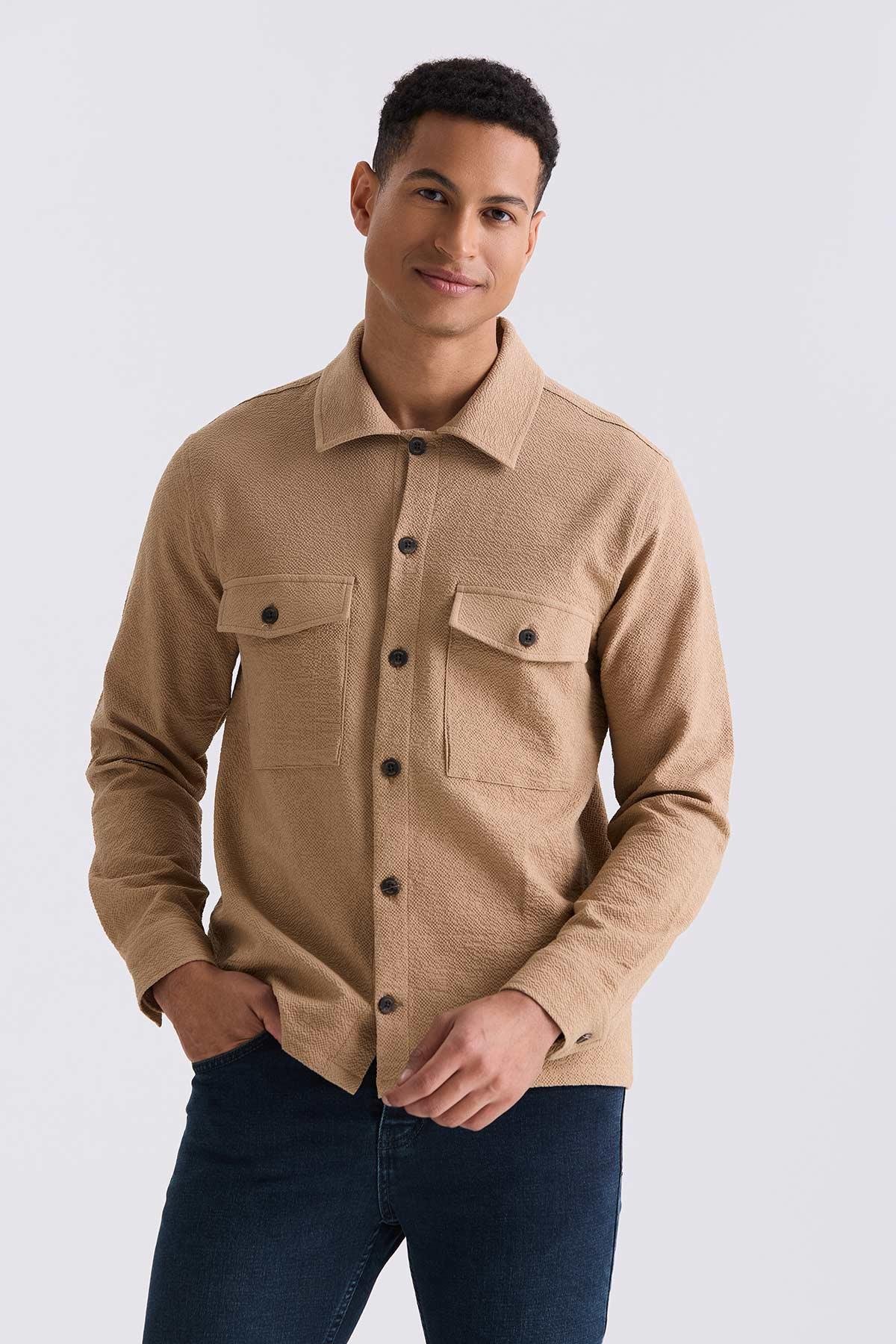 Taba Slim Fit Düğmeli Yaka Cepli Spor Gömlek