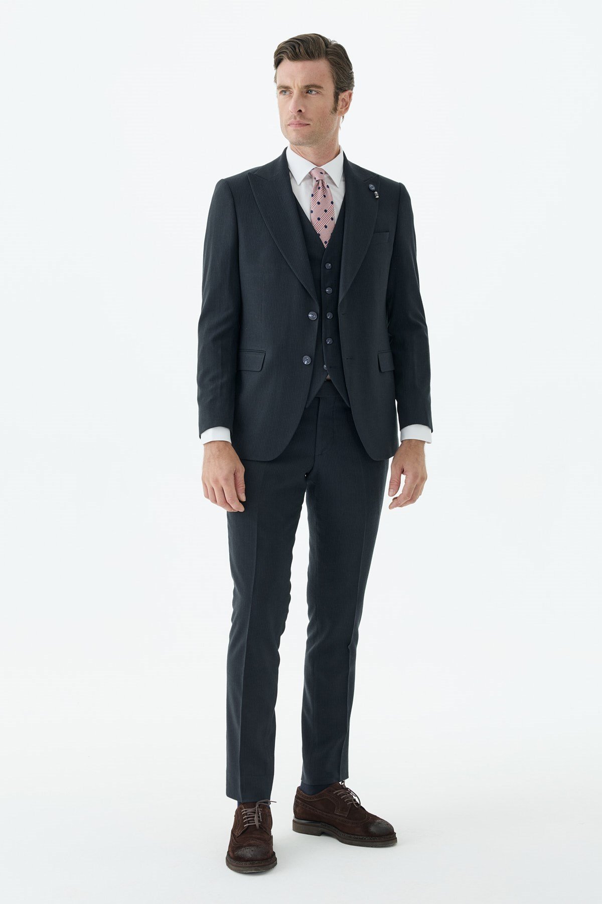 Lacivert Slim Fit Krlangıç Yaka Yelekli Çizgili Takım Elbise