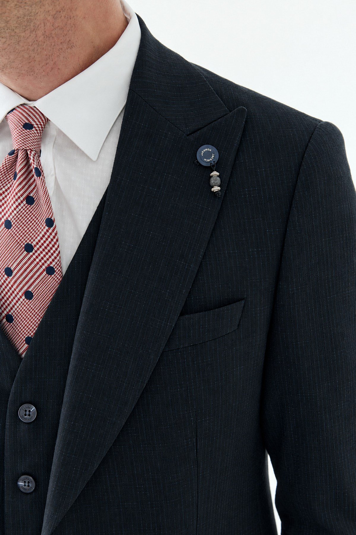 Lacivert Slim Fit Krlangıç Yaka Yelekli Çizgili Takım Elbise