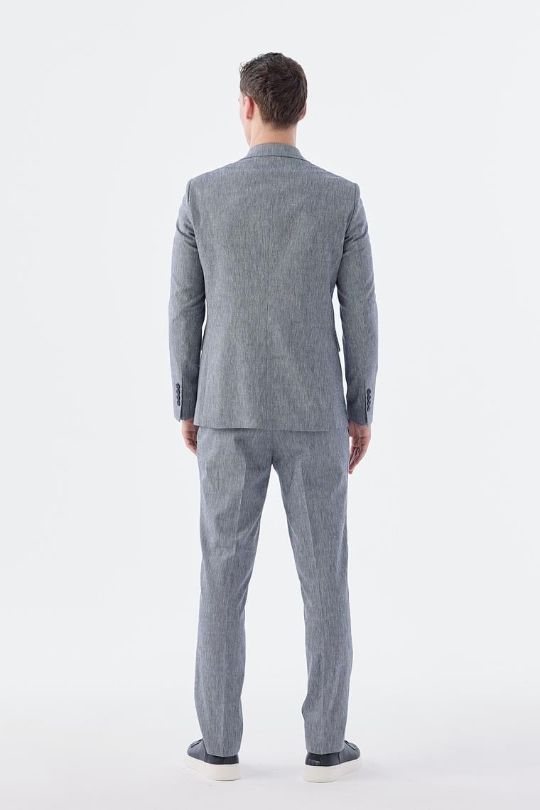 Lacivert Slim Fit Keten Karışımlı Kruvaze Takım Elbise